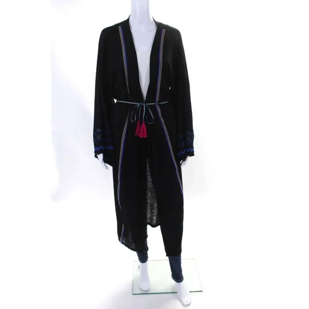 Pitusa Womens Black Cotton Embroidered Open Front Cardigan Sweater Top Size OS
